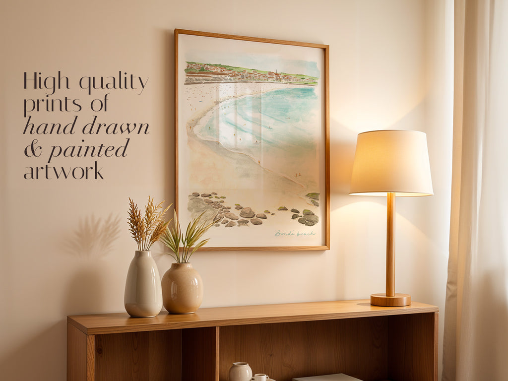 Bondi Beach Art Print, Sydney, Australia, Travel Watercolour Painting