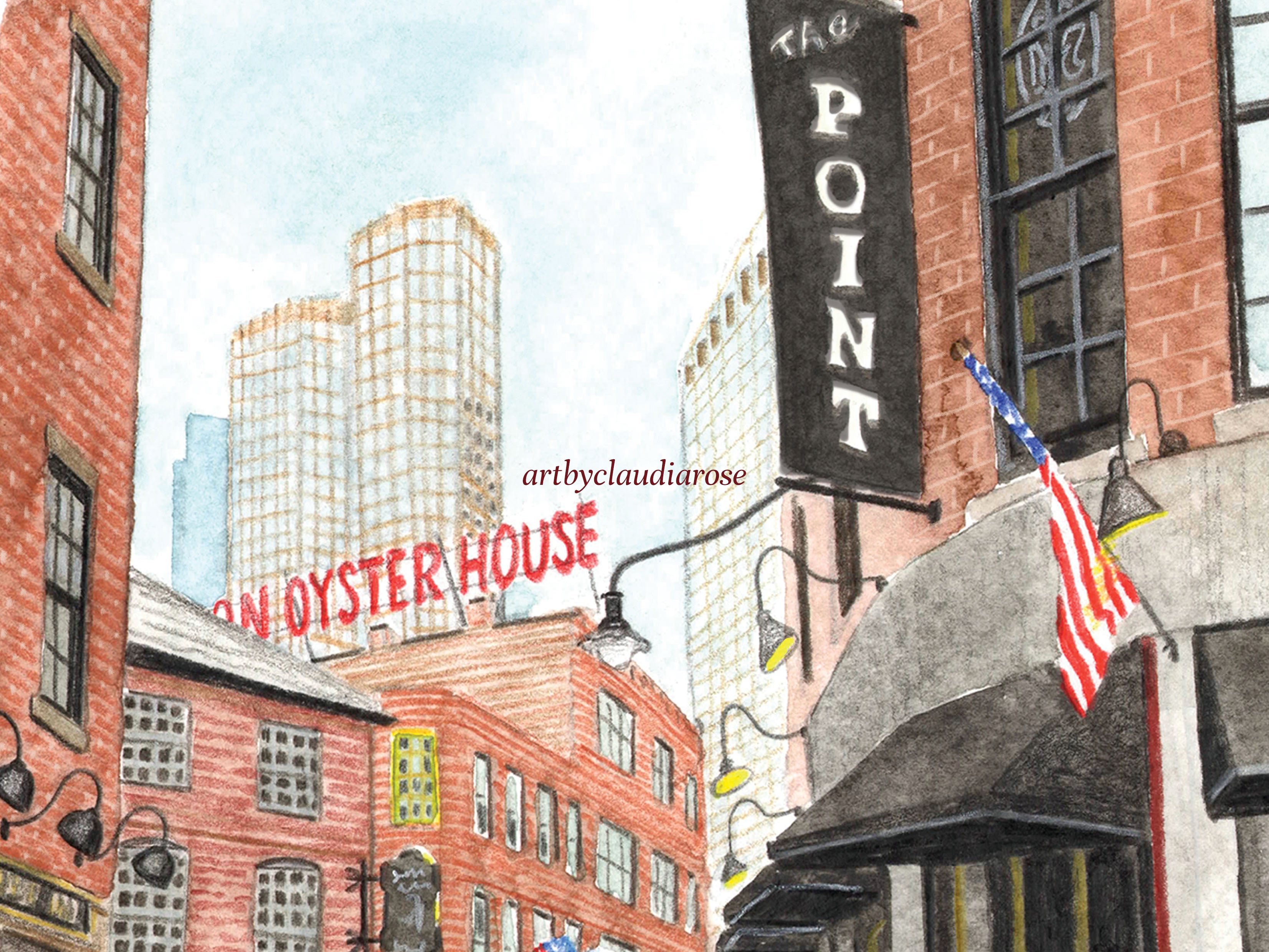 Boston Art Print, Massachusetts, Union Street, USA, Travel Watercolour Painting