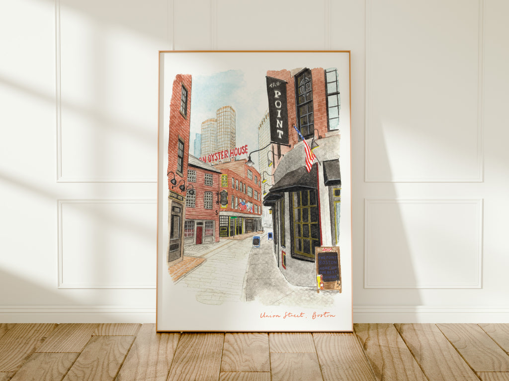 Boston Art Print, Massachusetts, Union Street, USA, Travel Watercolour Painting