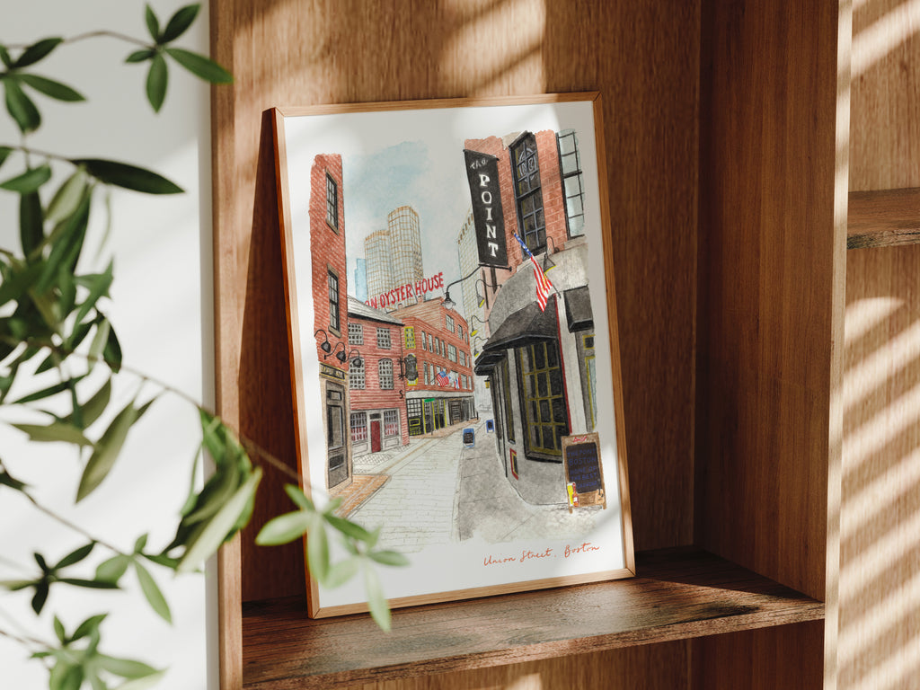 Boston Art Print, Massachusetts, Union Street, USA, Travel Watercolour Painting