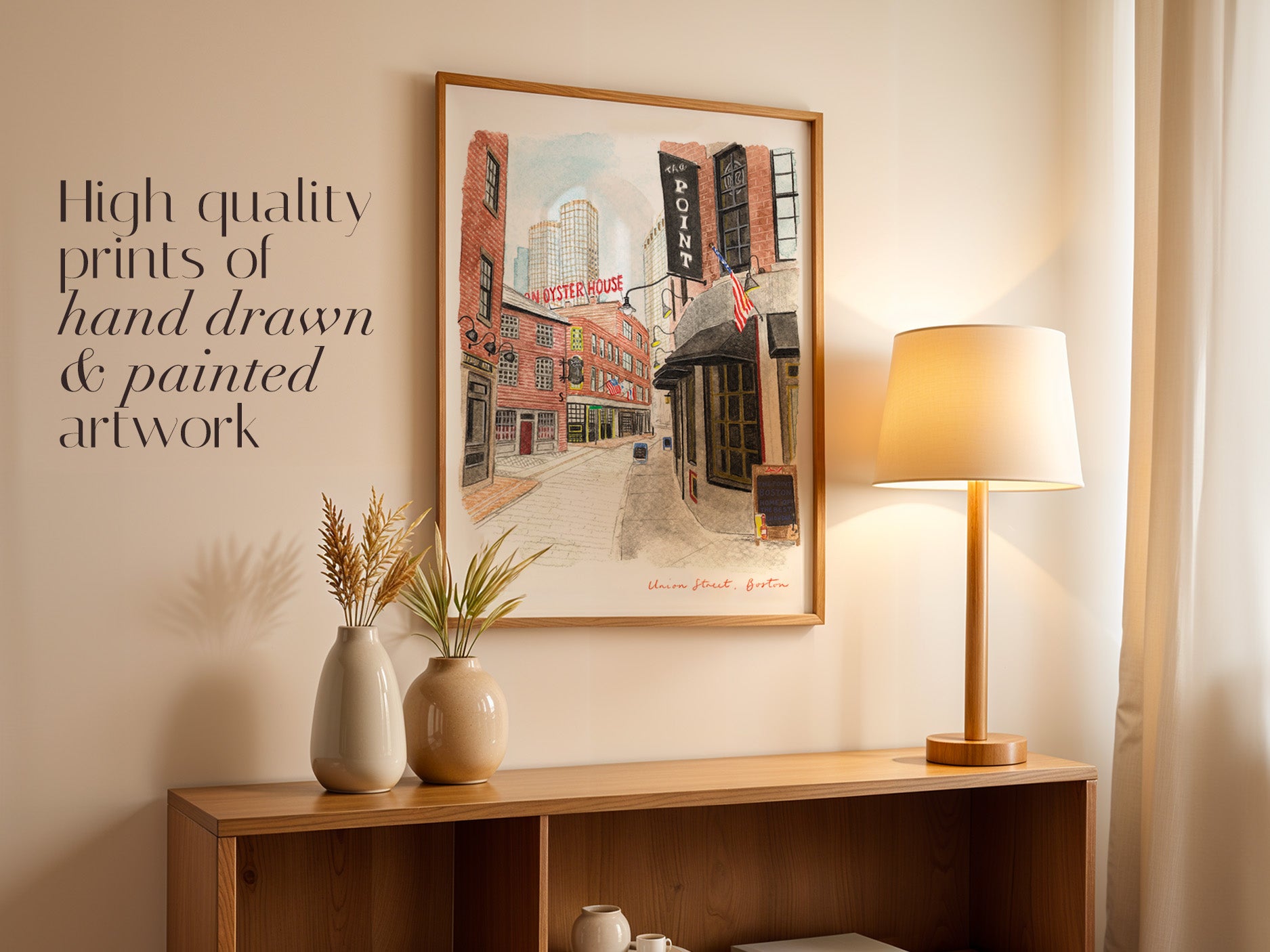 Boston Art Print, Massachusetts, Union Street, USA, Travel Watercolour Painting