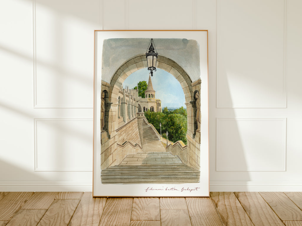 Budapest Art Print, Fisherman's Bastion, Halászbástya, Hungary, Travel Watercolour Painting