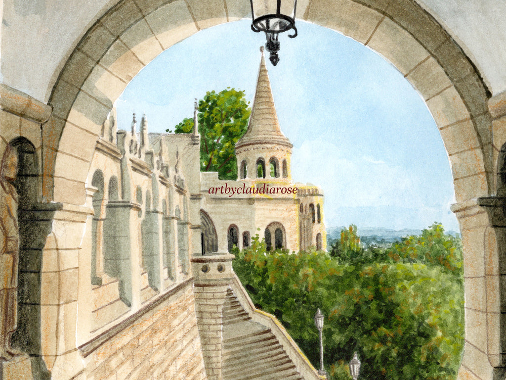 Budapest Art Print, Fisherman's Bastion, Halászbástya, Hungary, Travel Watercolour Painting