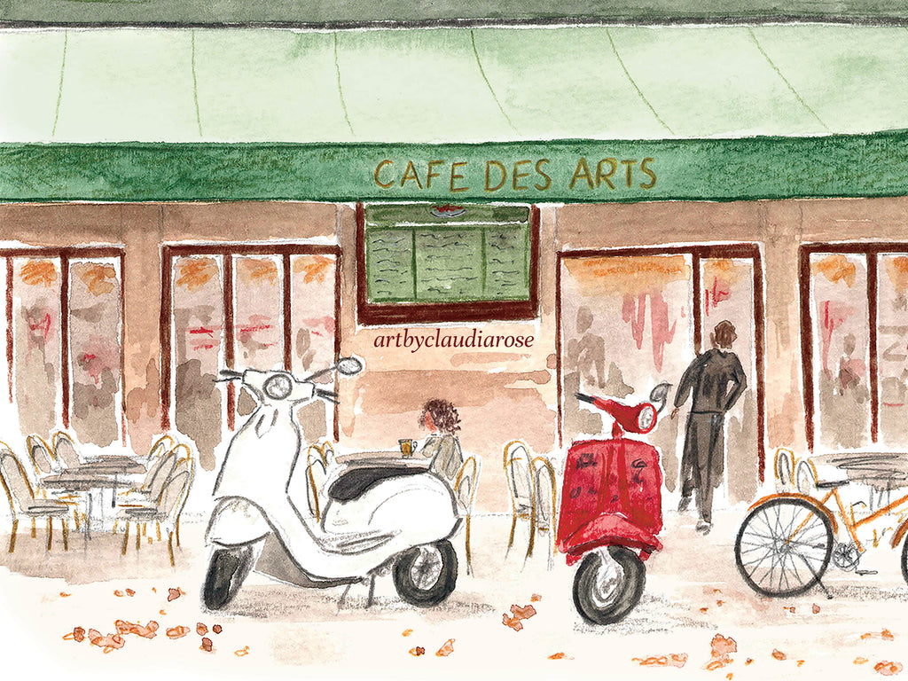 Bordeaux Art Print, Le Café Des Arts, France, Travel Watercolour Painting