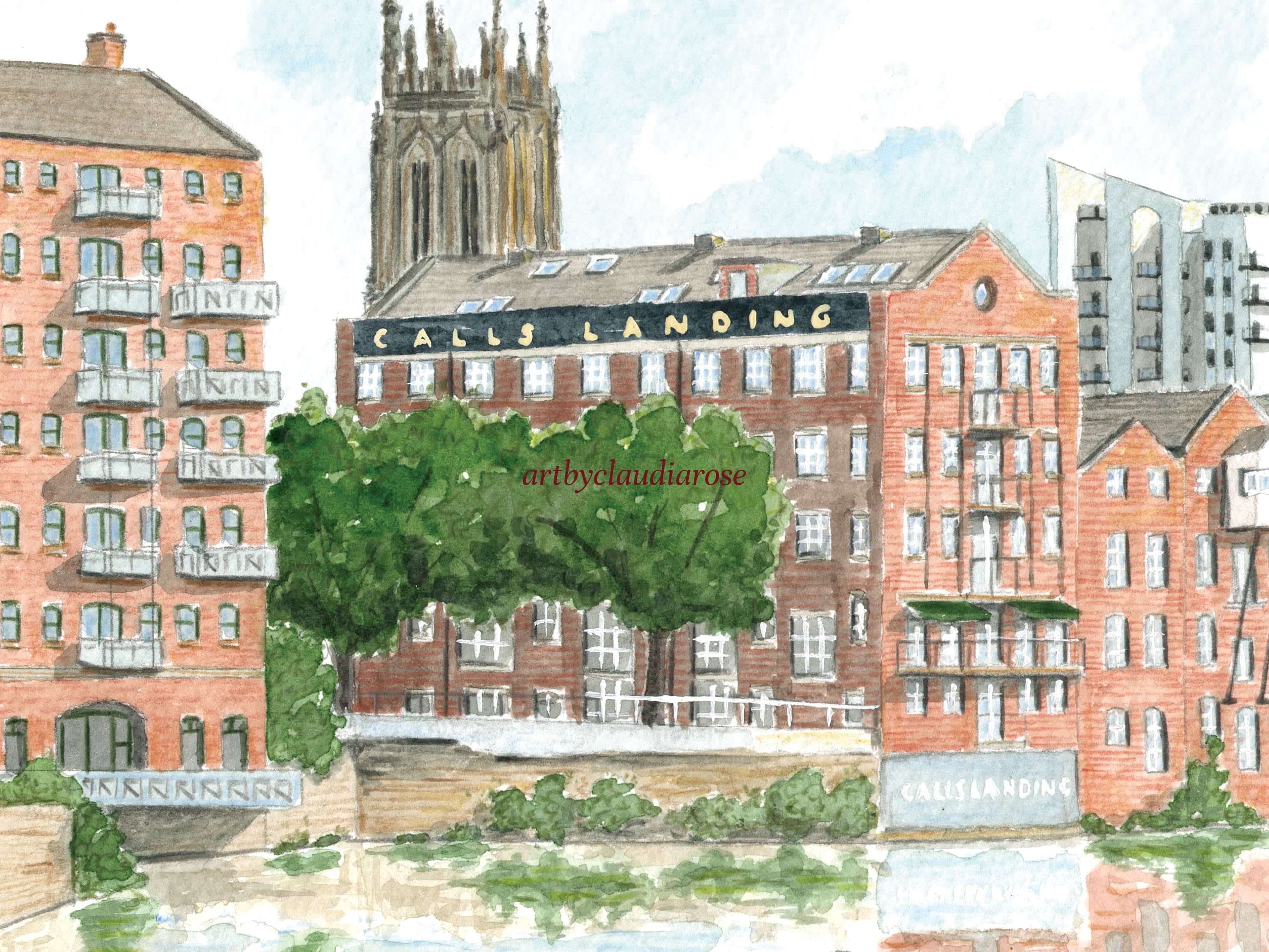 Leeds Docks Art Print, Calls Landing, Yorkshire, England, Travel Watercolour Painting