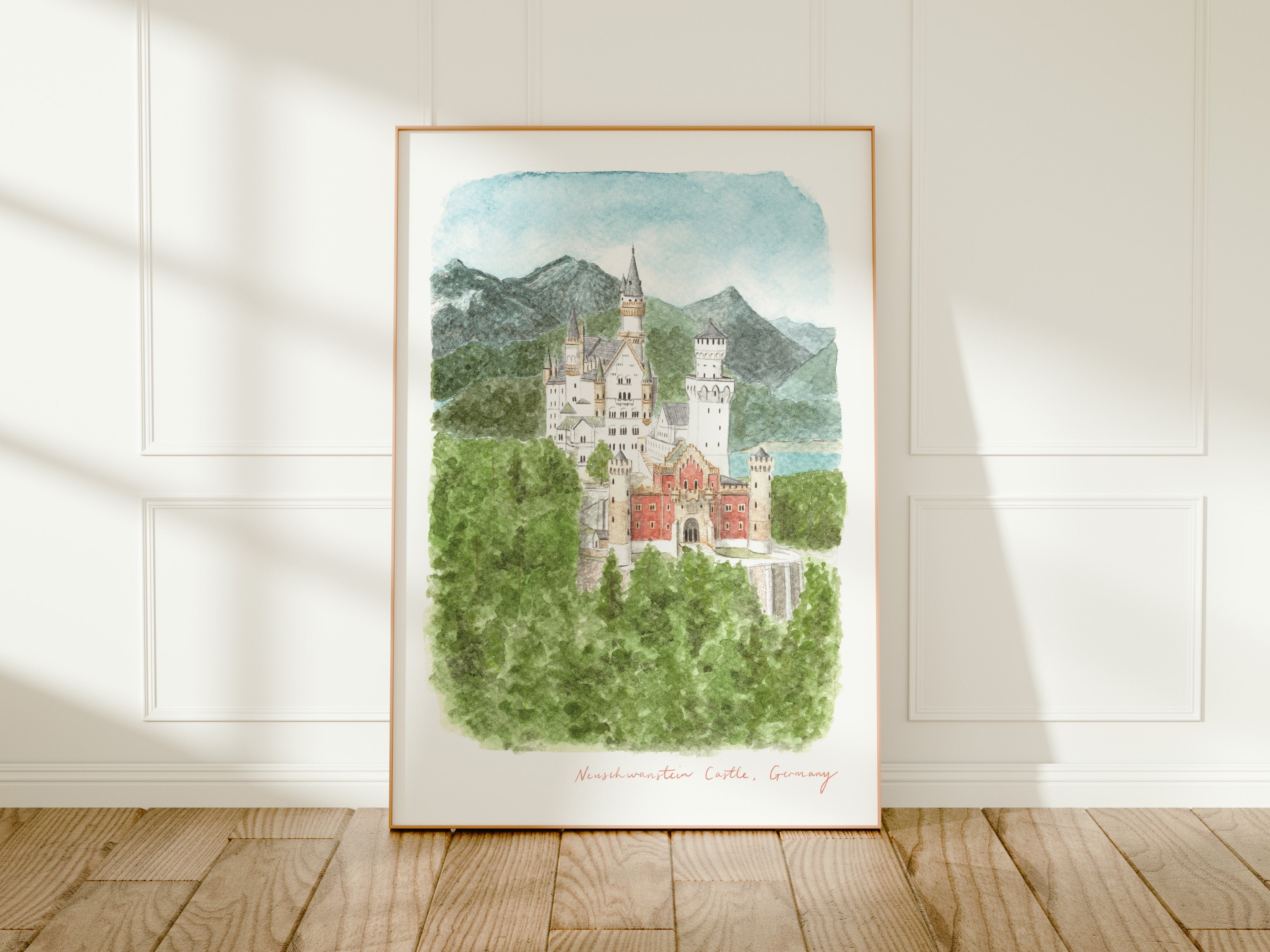 Neuschwanstein Castle Art Print, Germany, Travel Watercolour Painting
