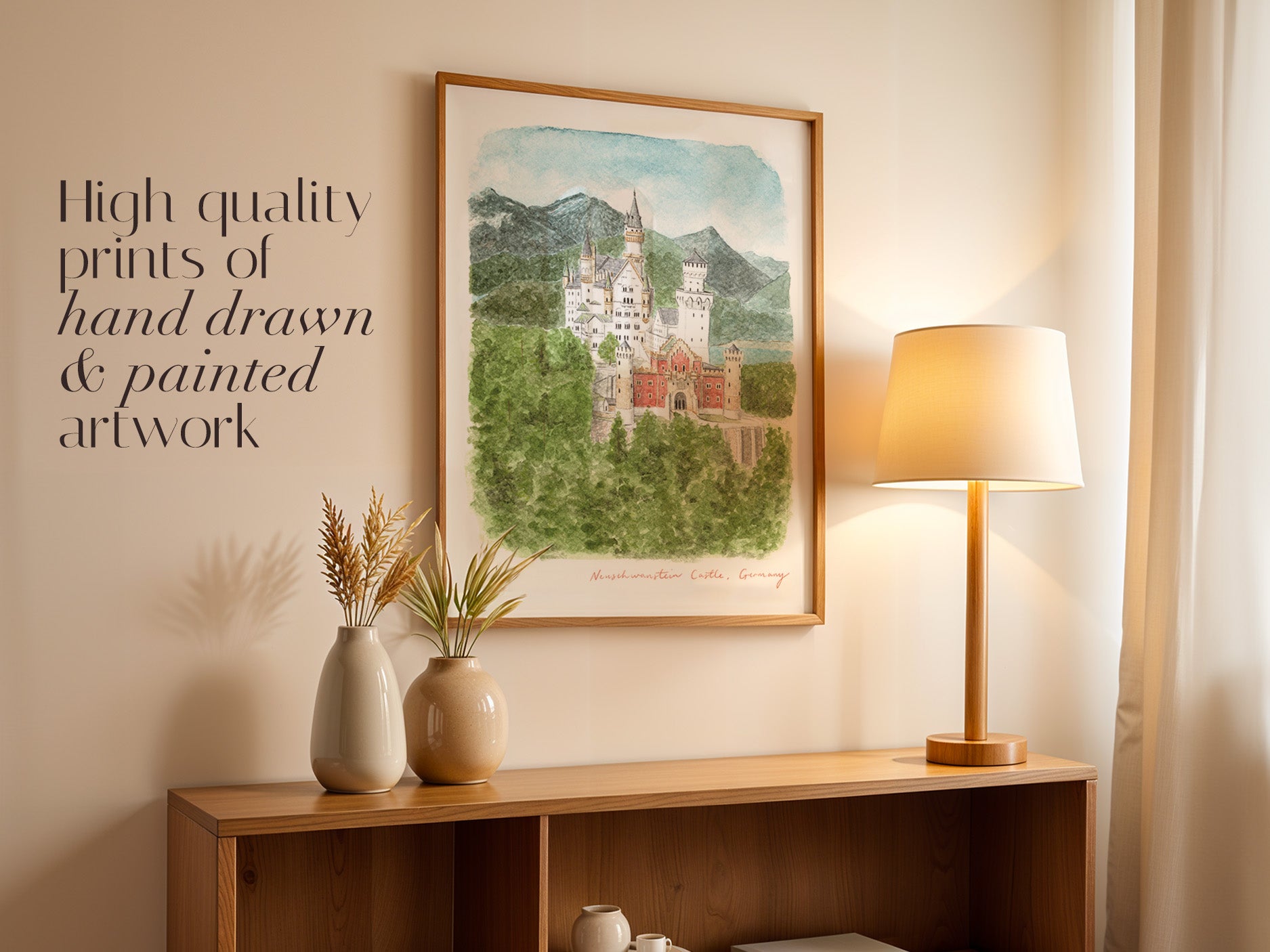 Neuschwanstein Castle Art Print, Germany, Travel Watercolour Painting