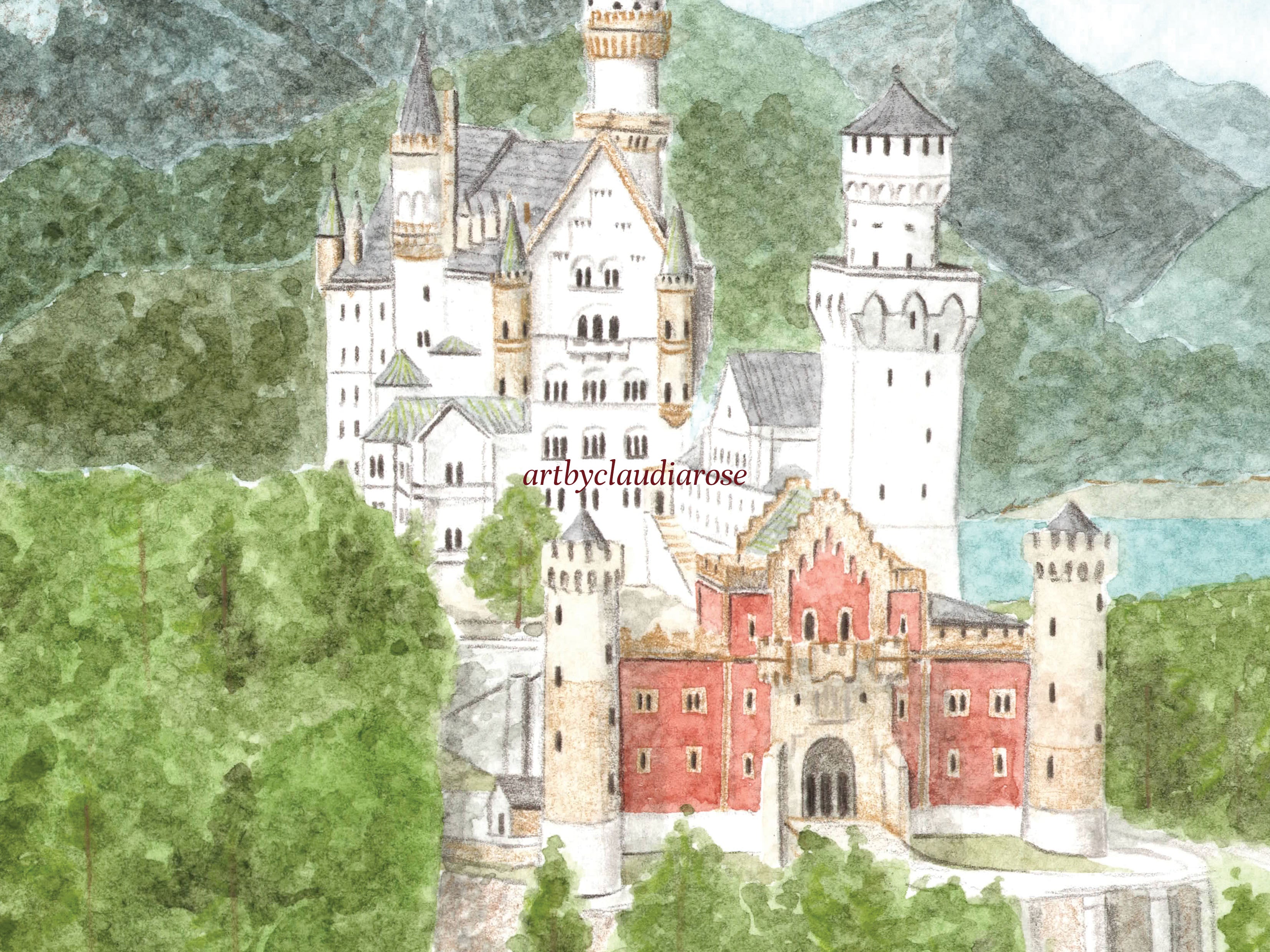 Neuschwanstein Castle Art Print, Germany, Travel Watercolour Painting