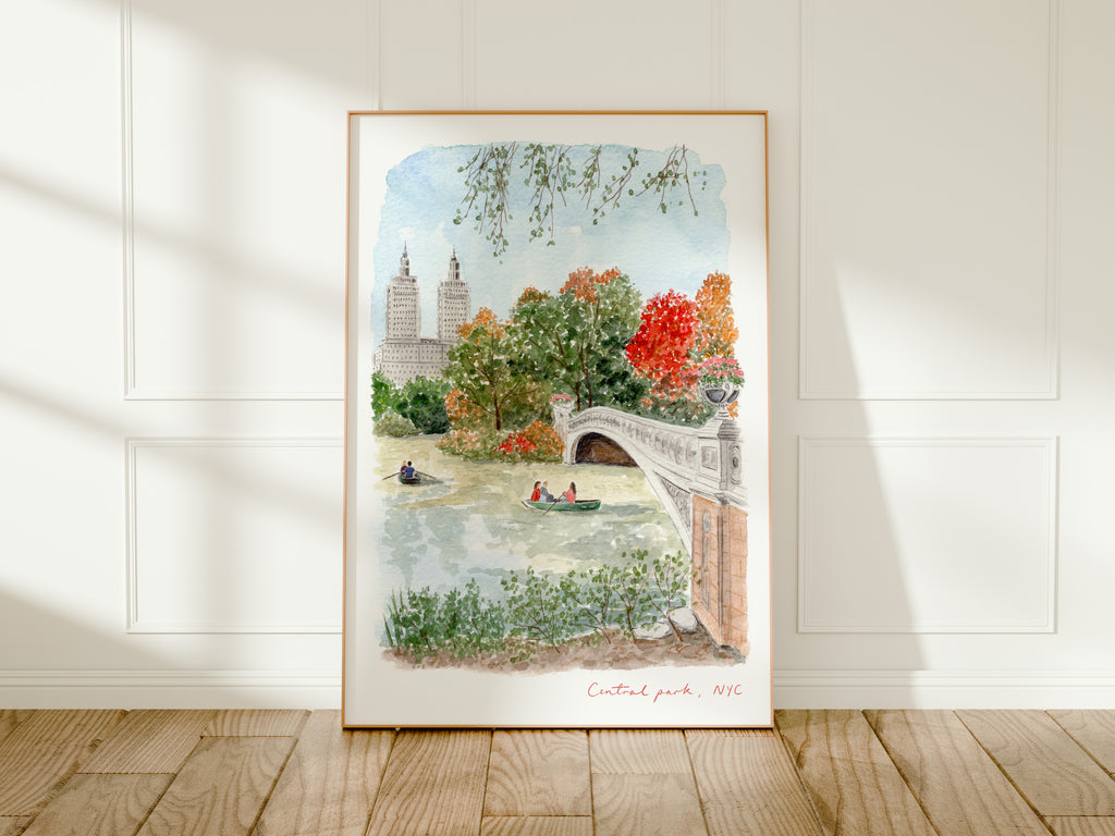 Central Park Art Print, New York City USA, Bow Bridge & The Lake, Travel Watercolour Painting