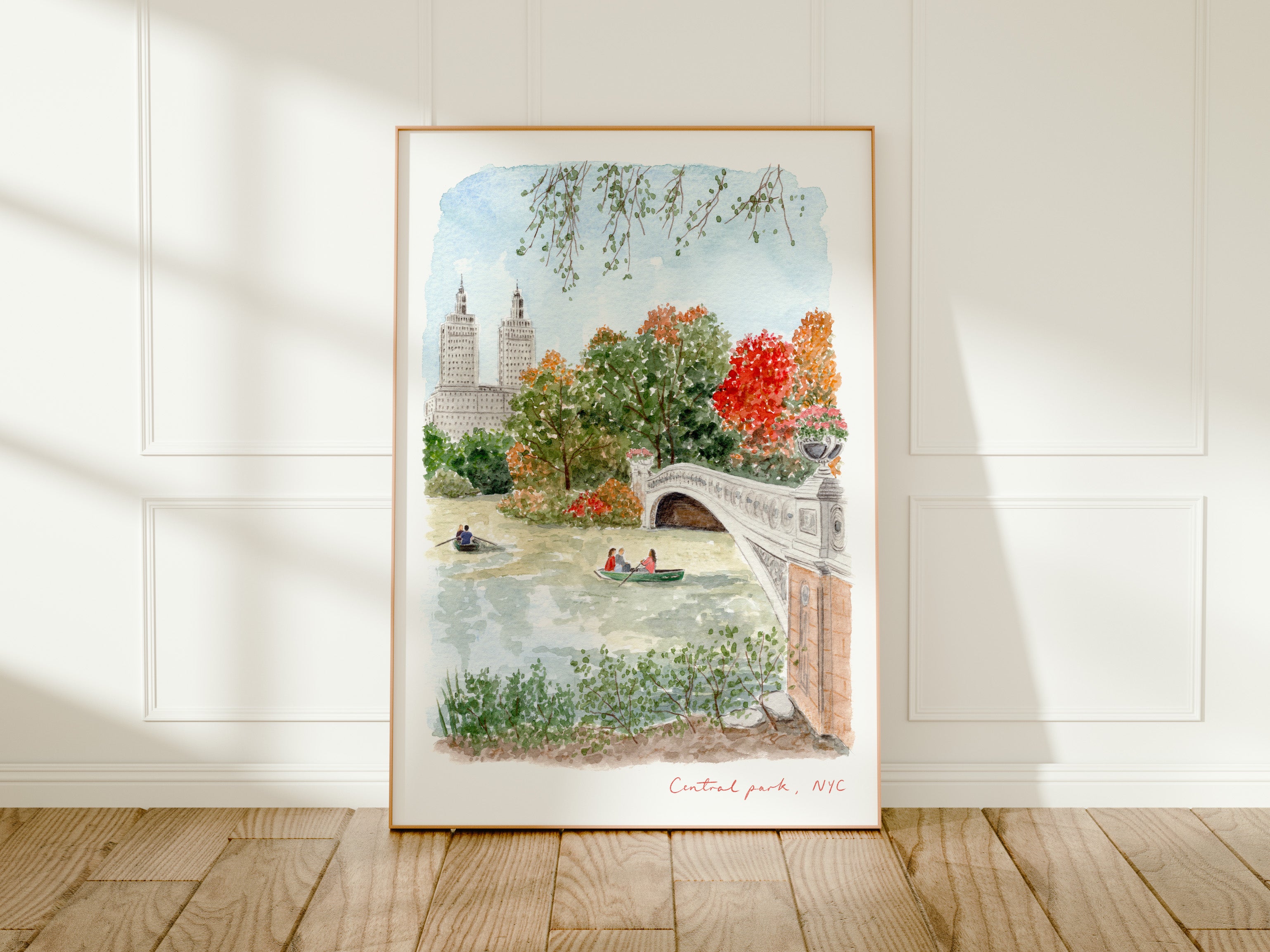 Central Park Art Print, New York City USA, Bow Bridge & The Lake, Travel Watercolour Painting