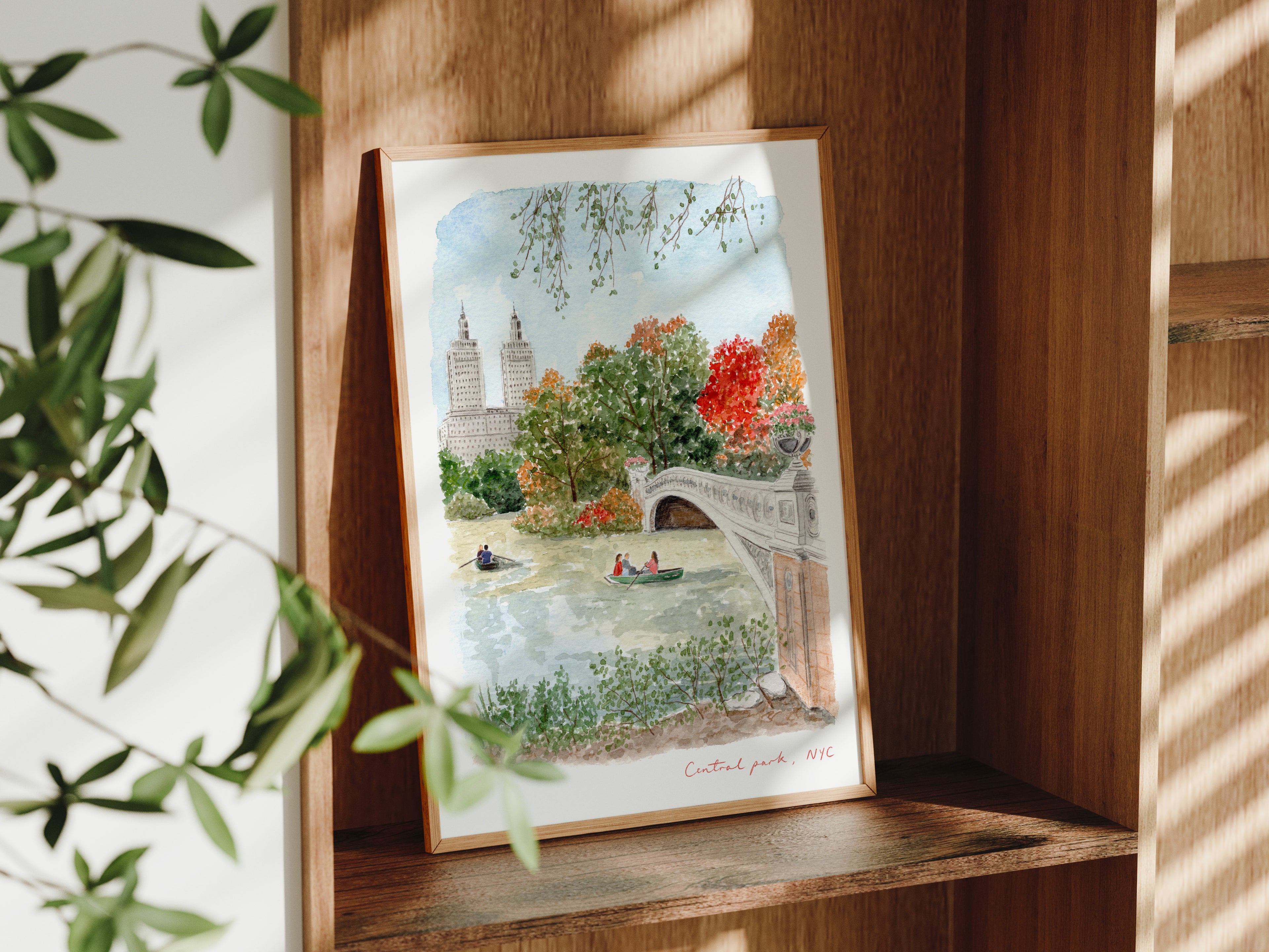 Central Park Art Print, New York City USA, Bow Bridge & The Lake, Travel Watercolour Painting
