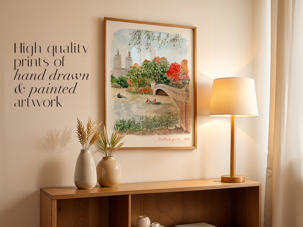 Central Park Art Print, New York City USA, Bow Bridge & The Lake, Travel Watercolour Painting