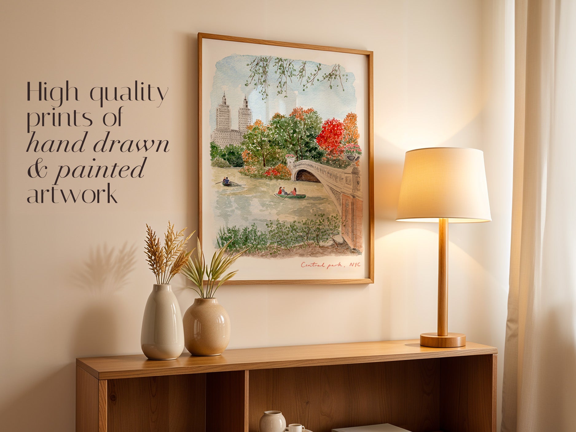 Central Park Art Print, New York City USA, Bow Bridge & The Lake, Travel Watercolour Painting