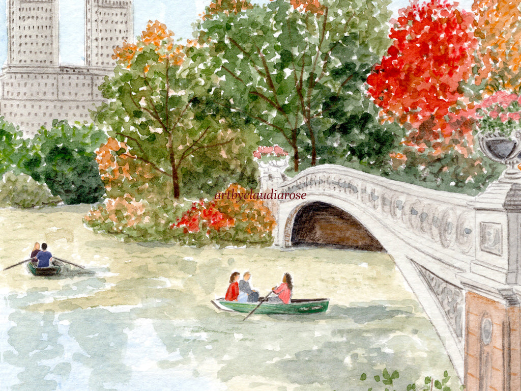 Central Park Art Print, New York City USA, Bow Bridge & The Lake, Travel Watercolour Painting