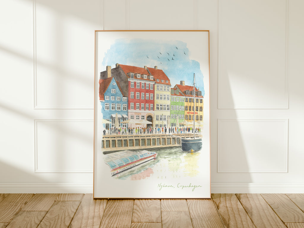 Copenhagen Art Print, New Harbor, Nyhavn, Denmark, Travel Watercolour Painting