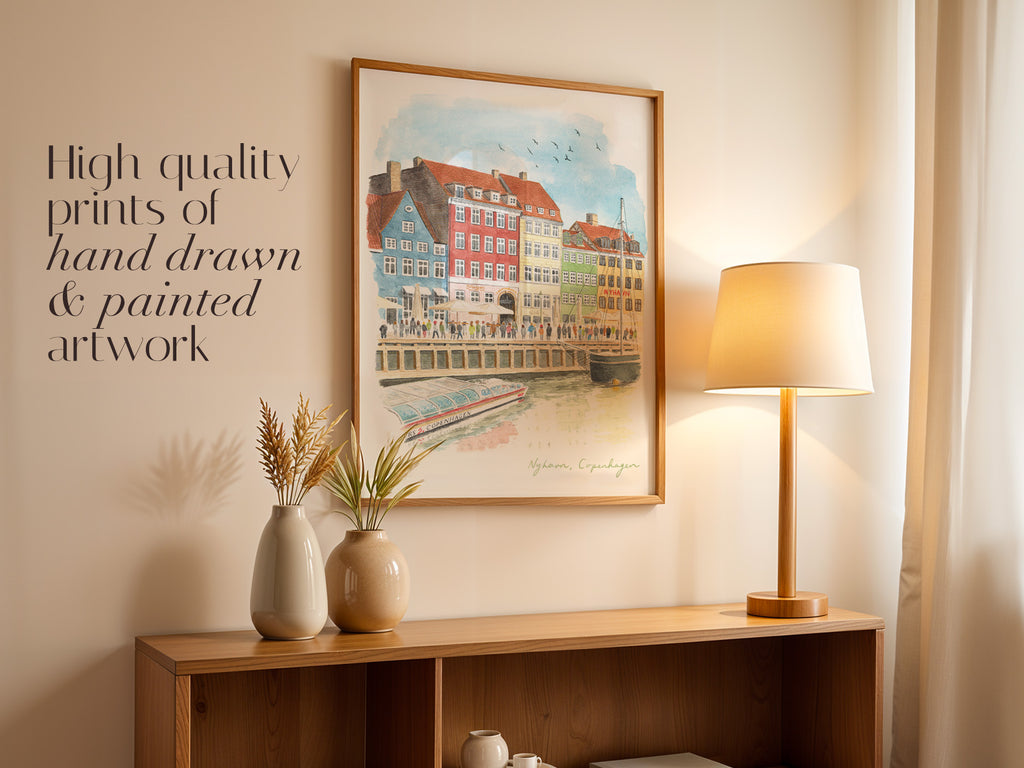 Copenhagen Art Print, New Harbor, Nyhavn, Denmark, Travel Watercolour Painting