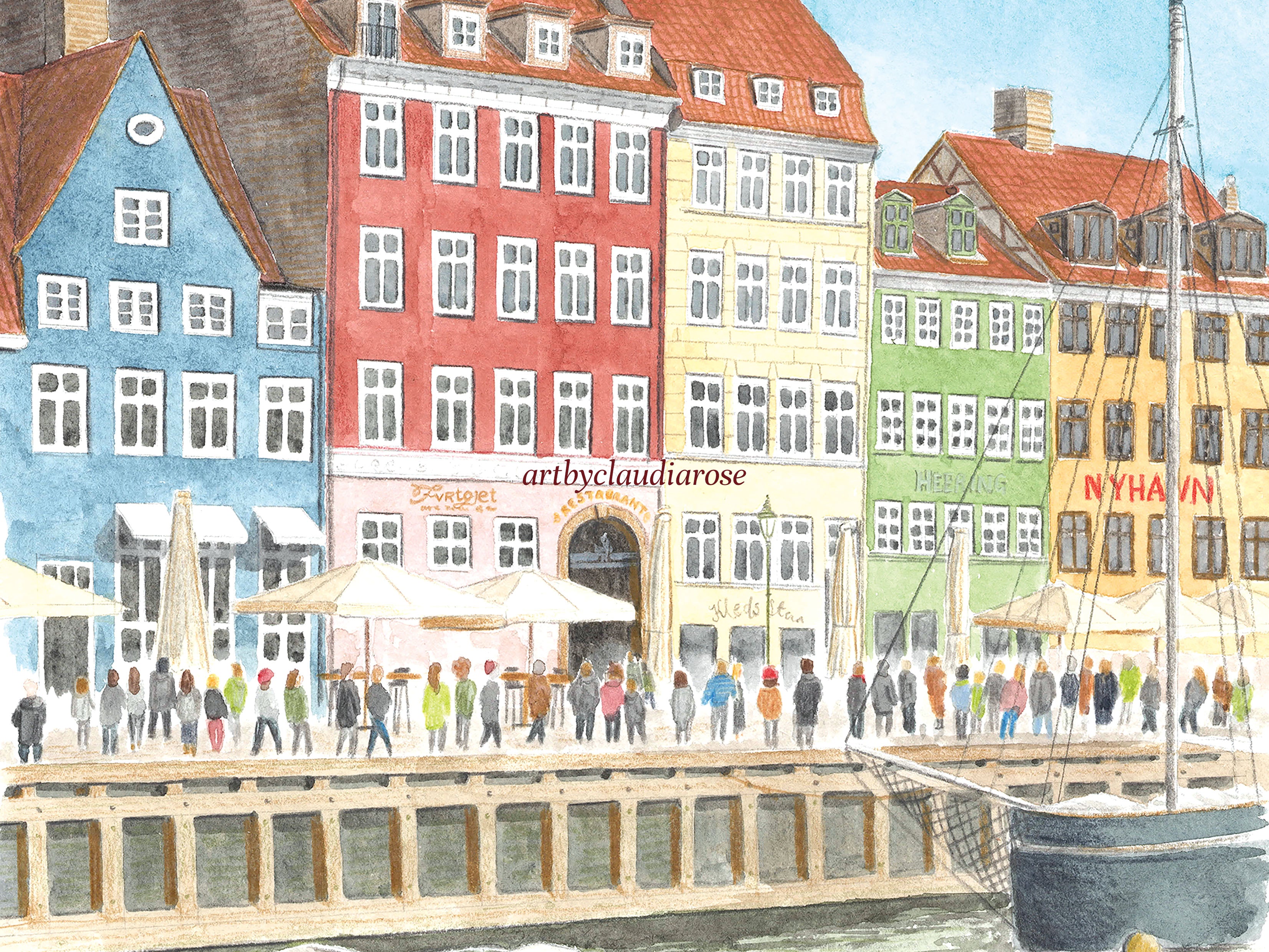 Copenhagen Art Print, New Harbor, Nyhavn, Denmark, Travel Watercolour Painting