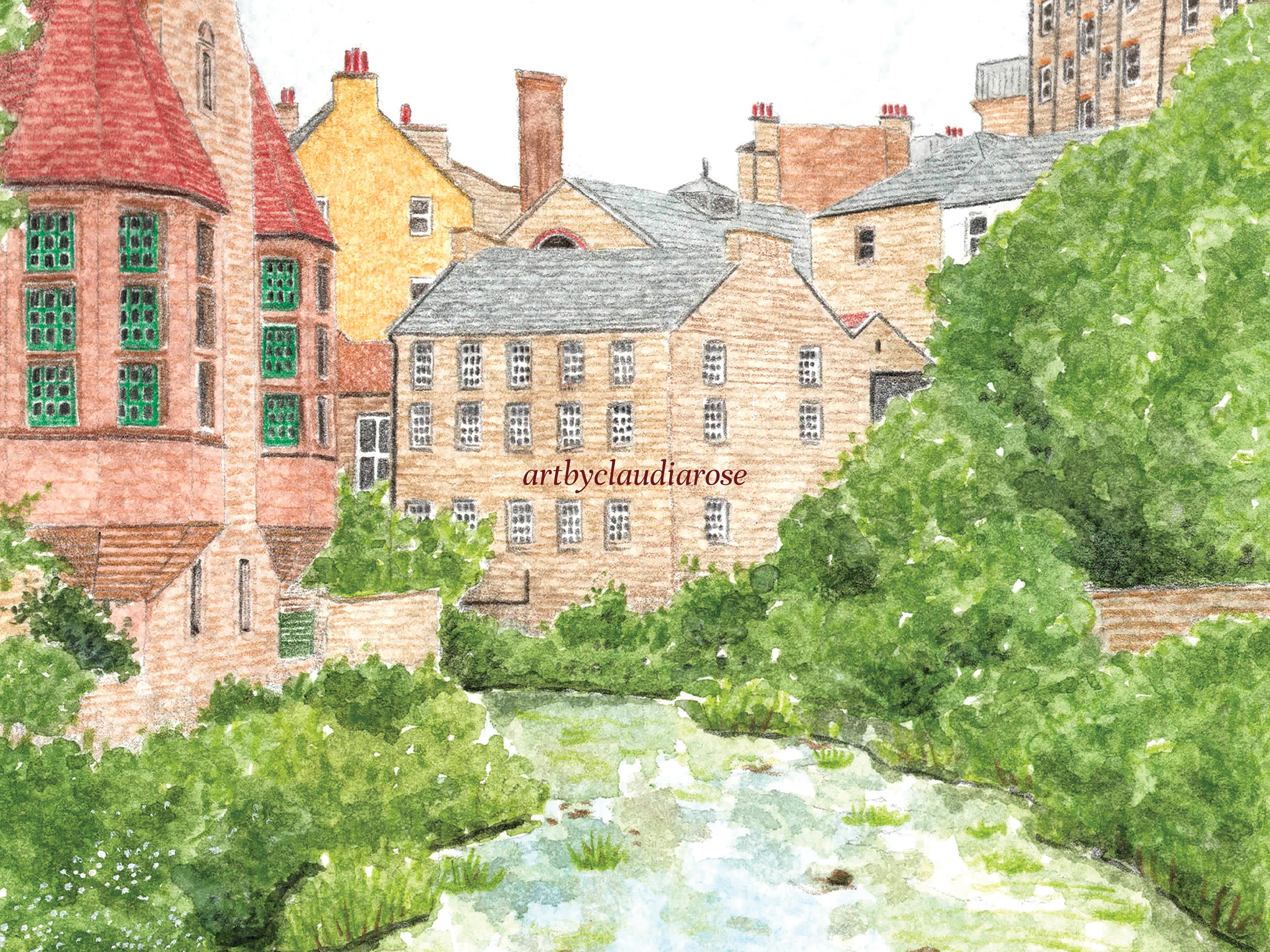 Edinburgh Art Print, Dean Village, Water of Leith, Scotland, Travel Watercolour Painting
