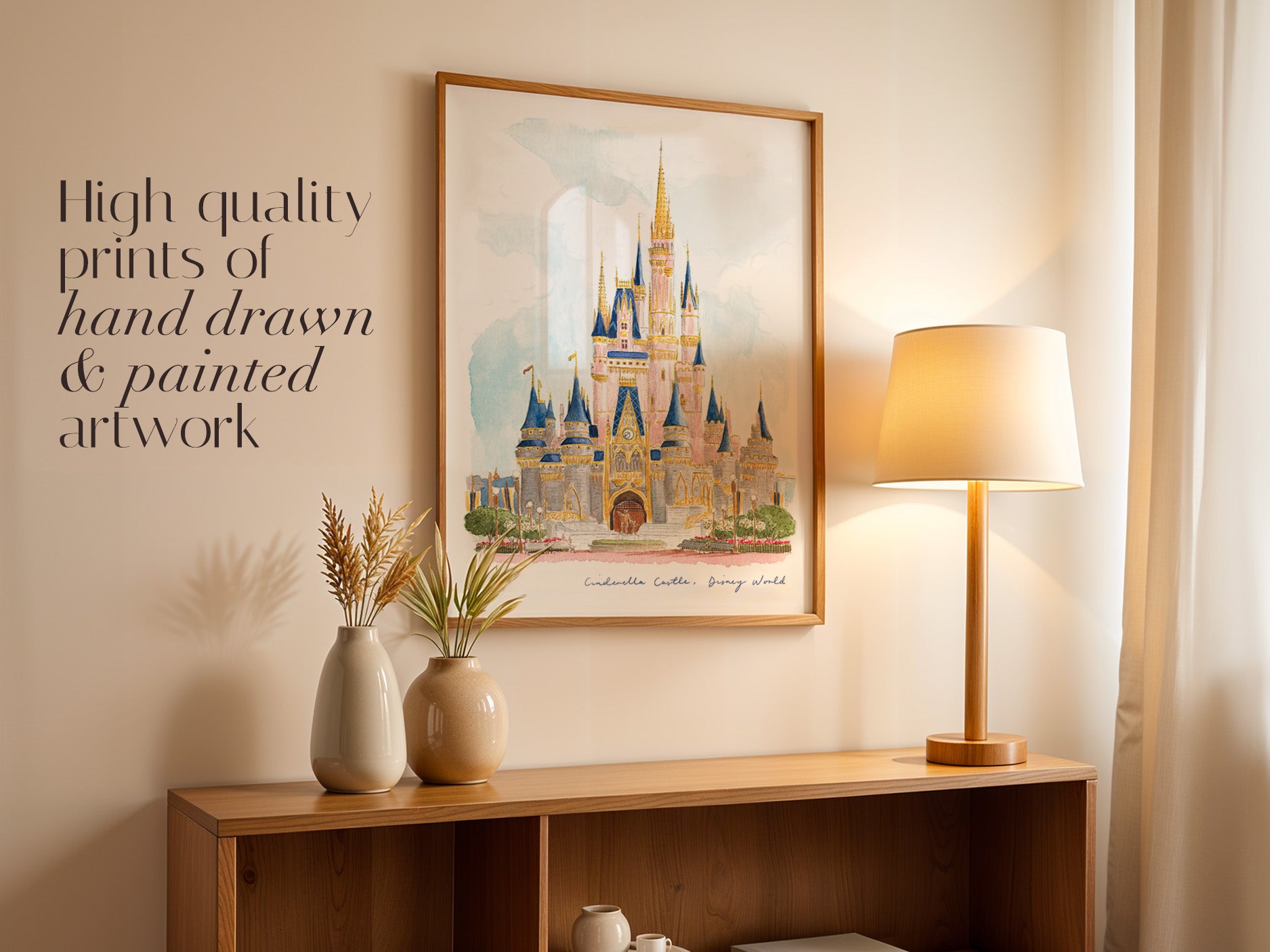 Walt Disney World Art Print, Florida USA, Cinderella Castle, Travel Watercolour Painting