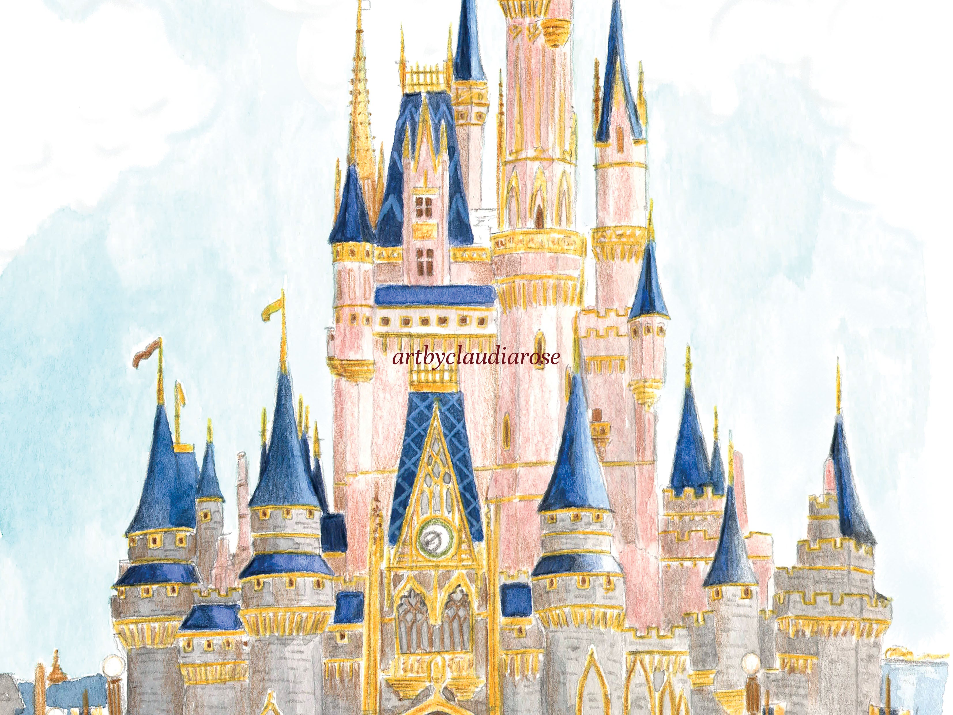 Walt Disney World Art Print, Florida USA, Cinderella Castle, Travel Watercolour Painting