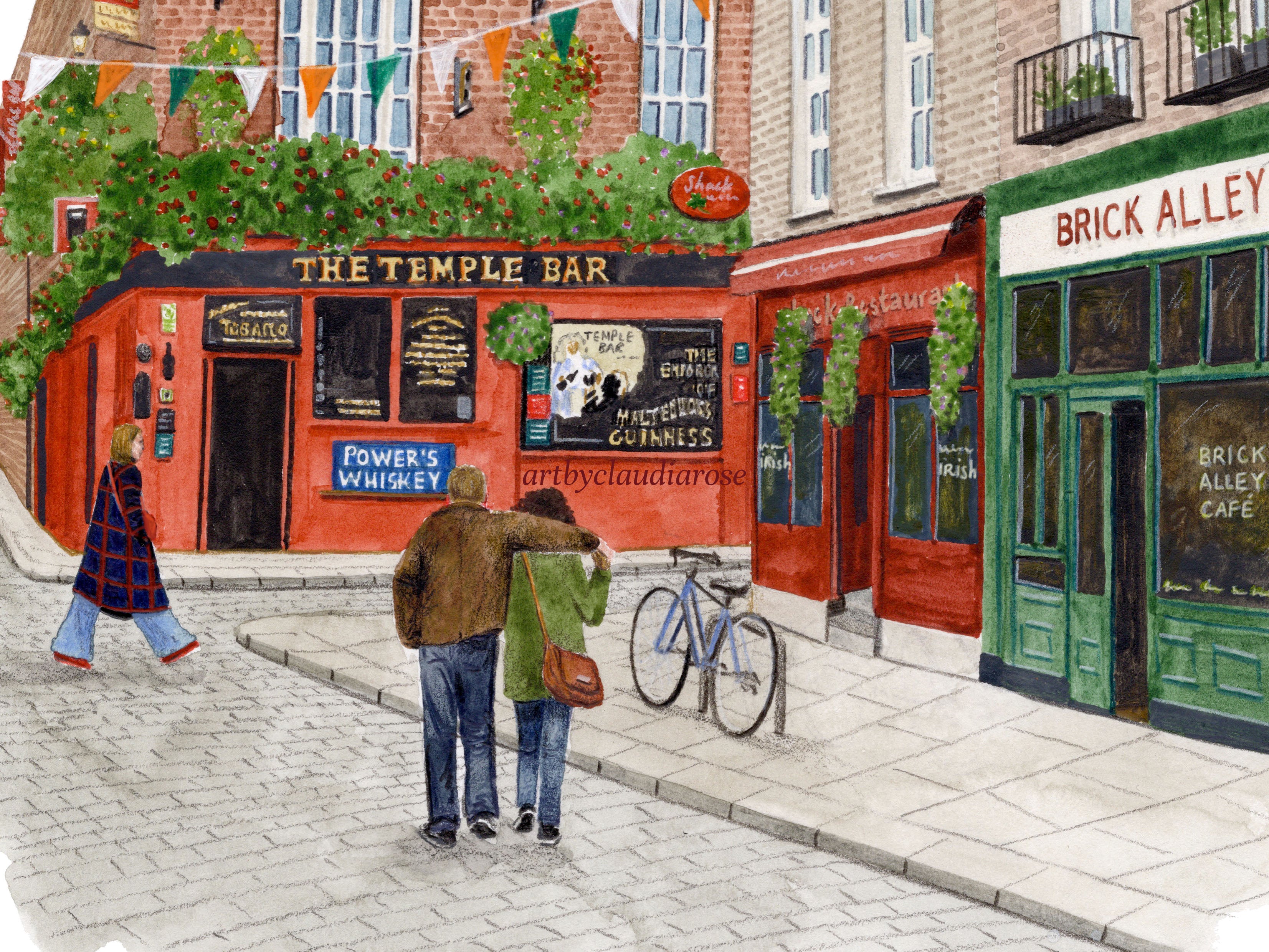 Dublin Travel Art Print, Temple Bar, Ireland, Travel Watercolour Painting