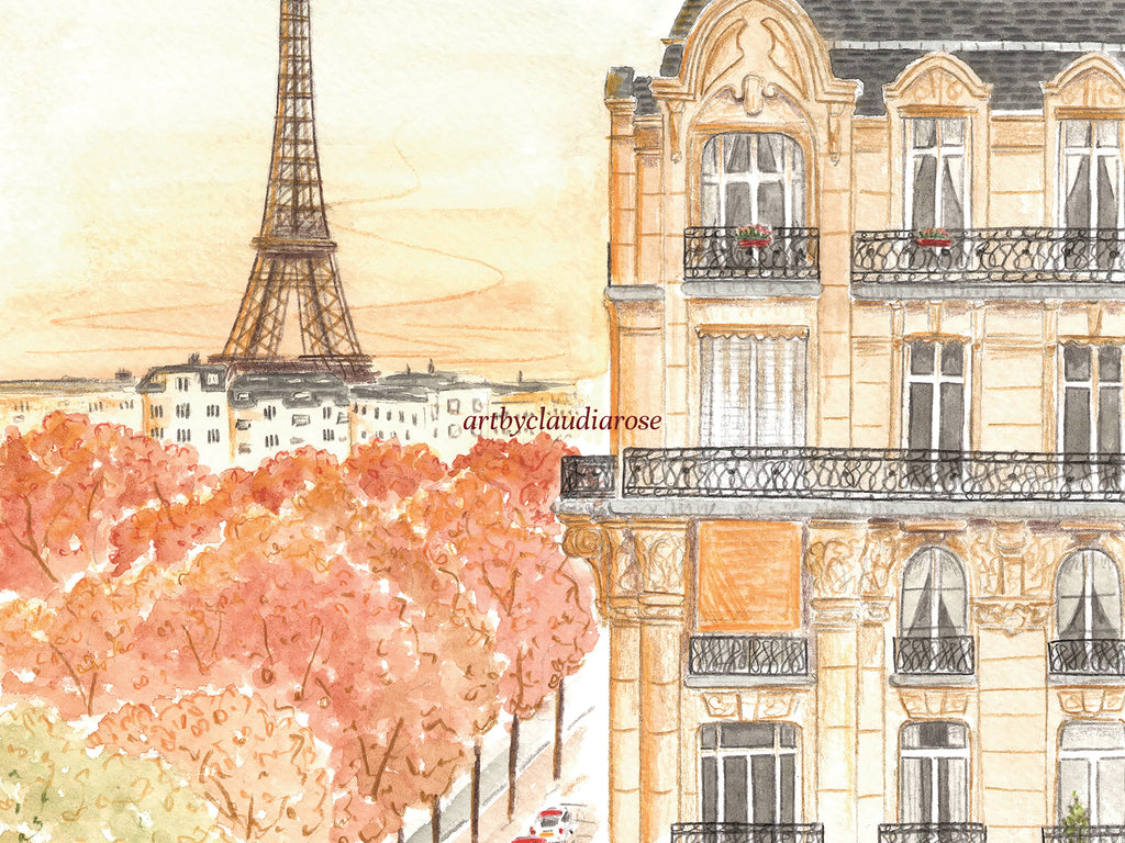 Eiffel Tower Art Print, Parisian Hotel, Hotel Duquesne, France, Travel Watercolour Painting