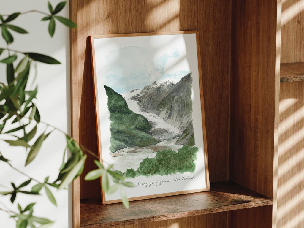 New Zealand Art Print, Franz Josef Glacier, Waiau, Travel Watercolour Painting