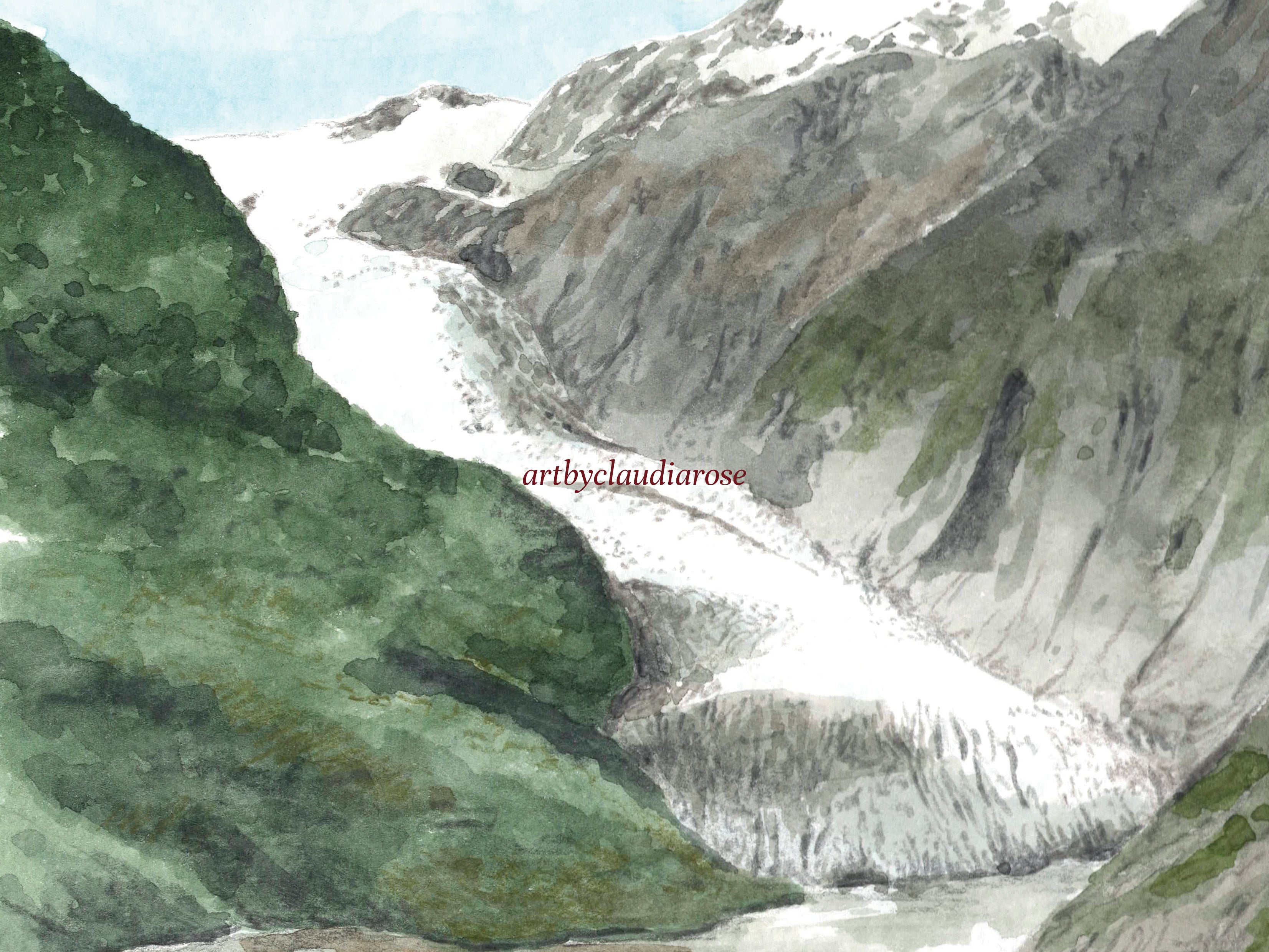 New Zealand Art Print, Franz Josef Glacier, Waiau, Travel Watercolour Painting