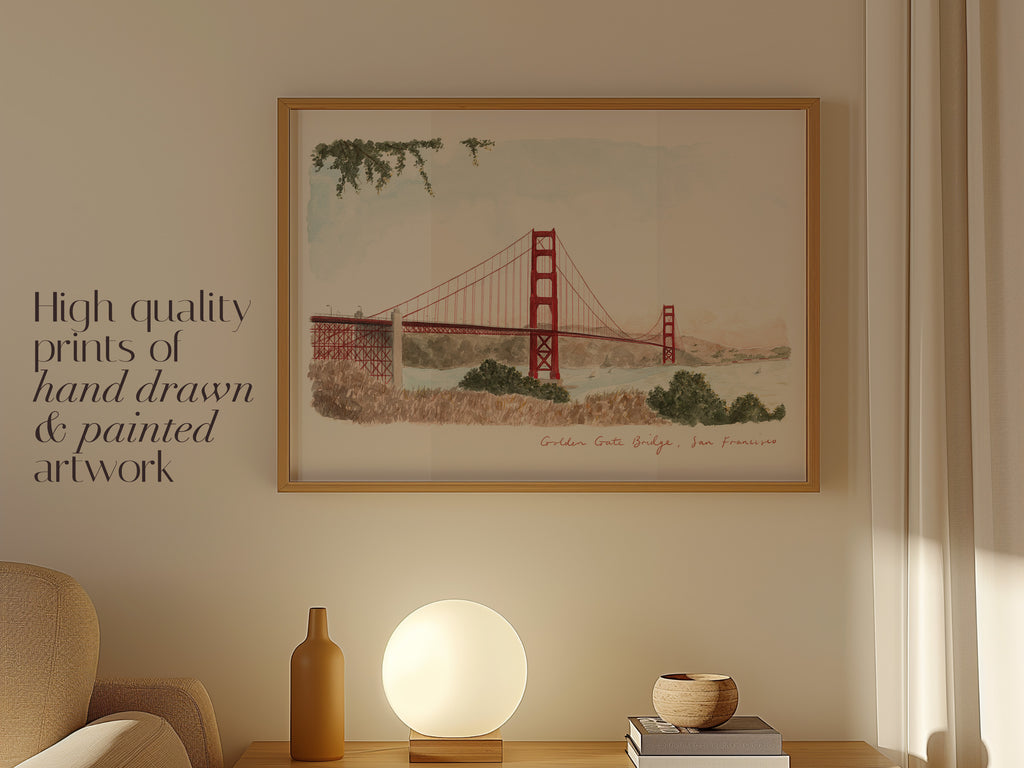 Golden Gate Bridge Art Print, San Fransisco, California, USA, Travel Watercolour Painting