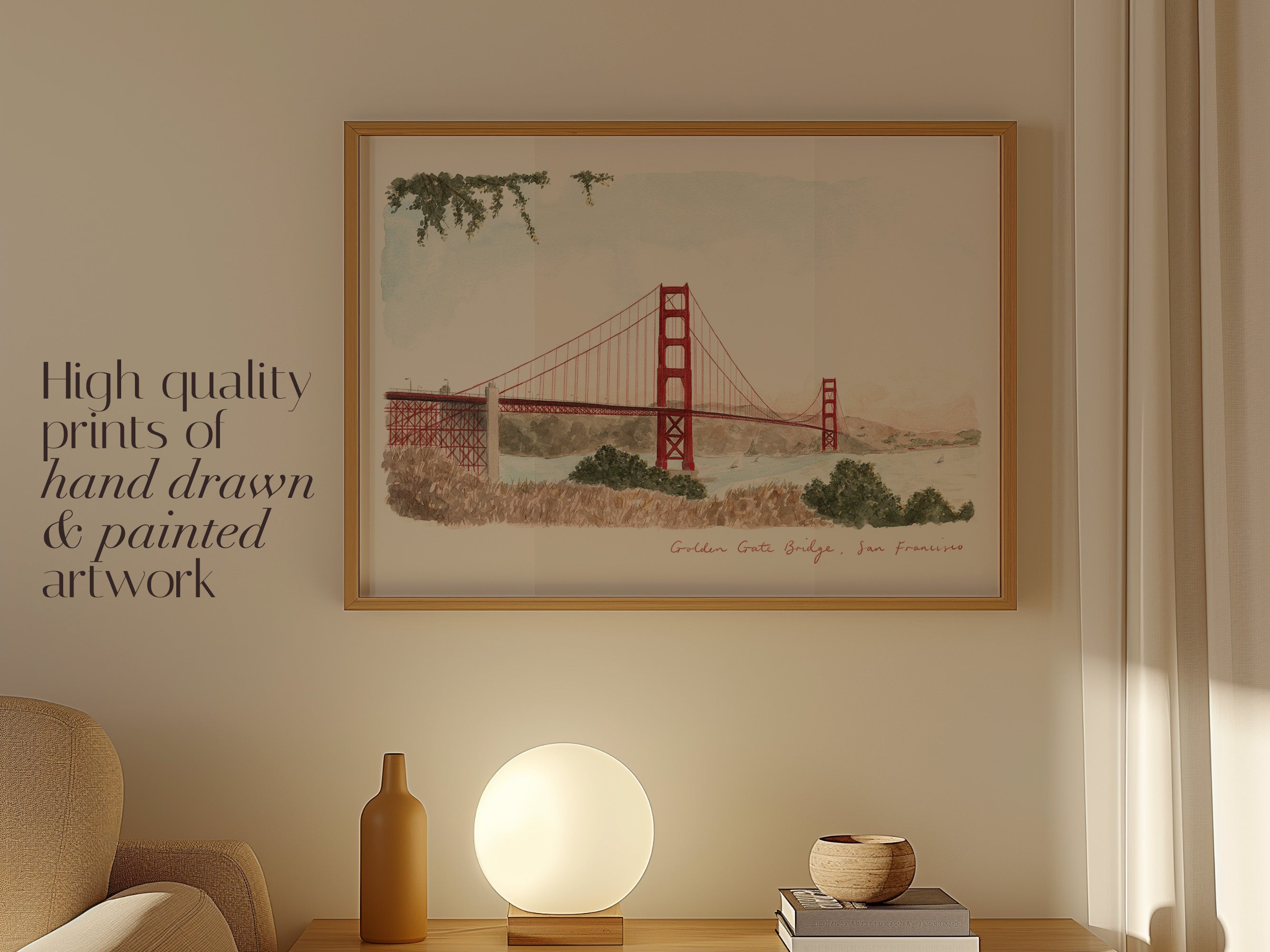Golden Gate Bridge Art Print, San Fransisco, California, USA, Travel Watercolour Painting
