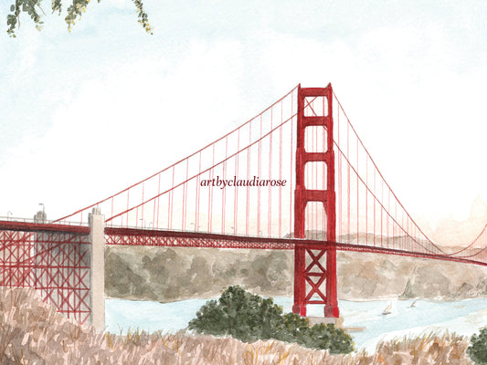 Golden Gate Bridge Art Print, San Fransisco, California, USA, Travel Watercolour Painting