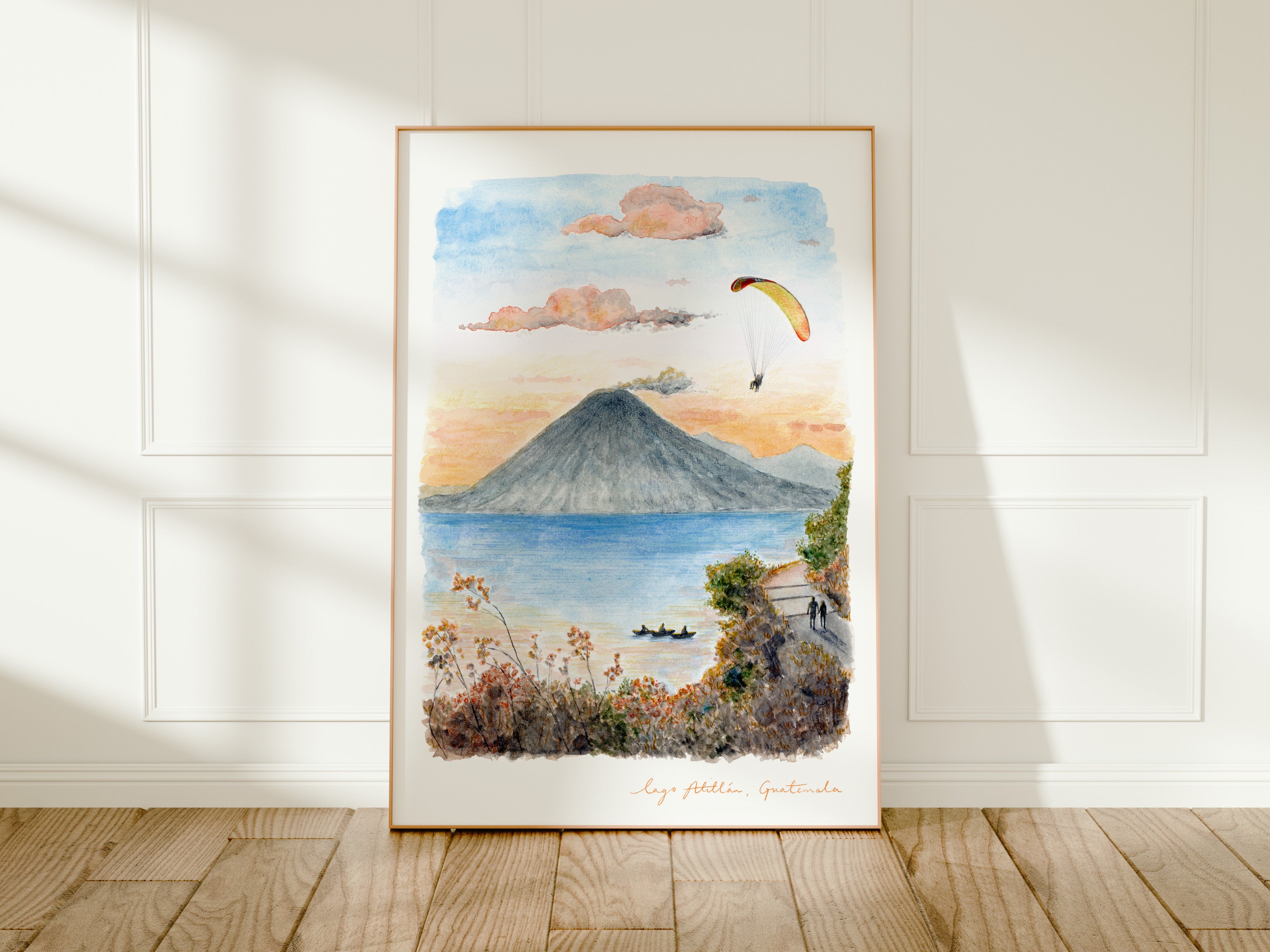 Guatemala Art Print, Lago Atitlán, USA, Travel Watercolour Painting