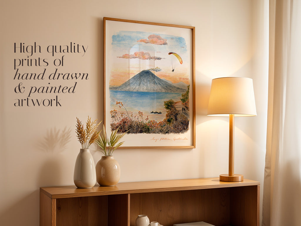 Guatemala Art Print, Lago Atitlán, USA, Travel Watercolour Painting