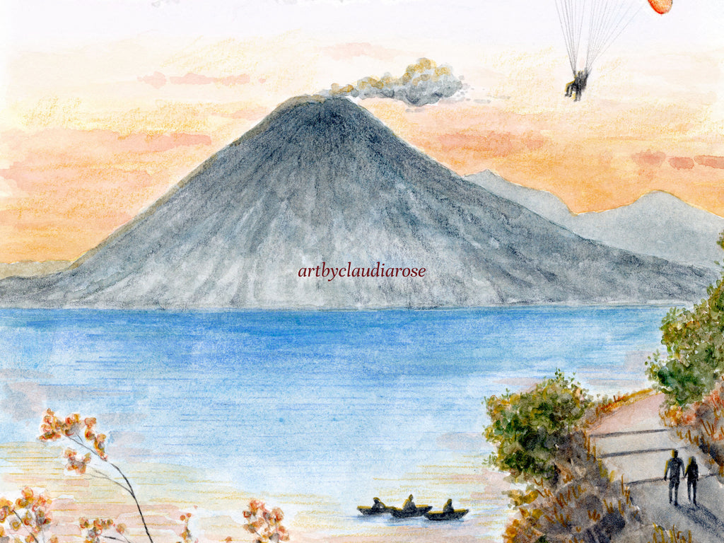 Guatemala Art Print, Lago Atitlán, USA, Travel Watercolour Painting