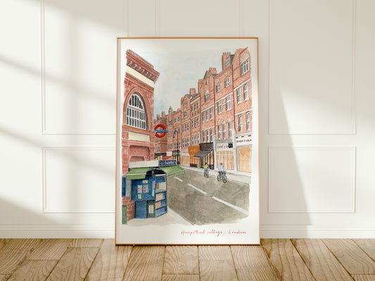 Hampstead Art Print, Village High Street, Camden, London, England, Travel Watercolour Painting