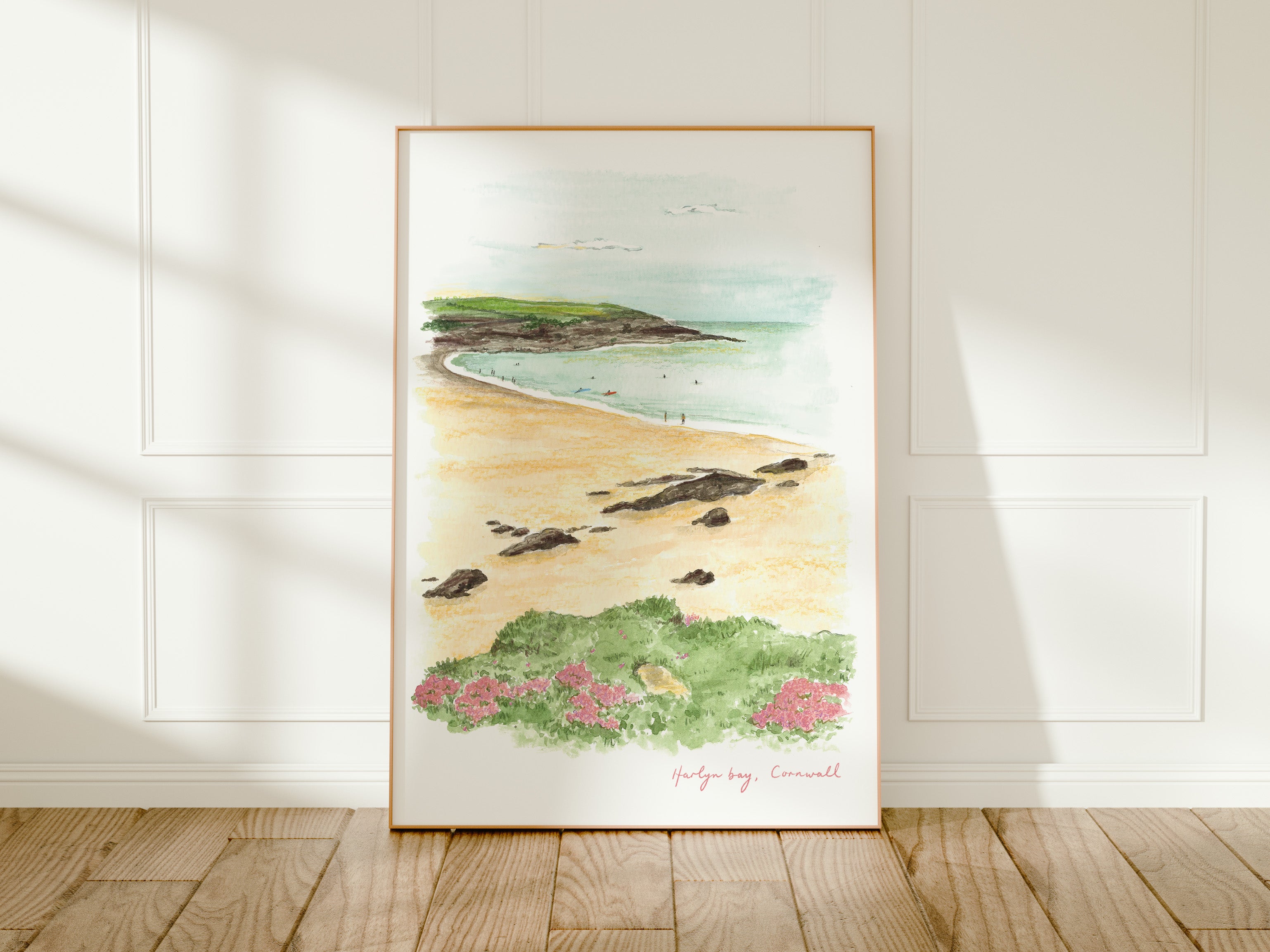 Cornwall Art Print, Harlyn Bay, Padstow, England, Travel Watercolour Painting
