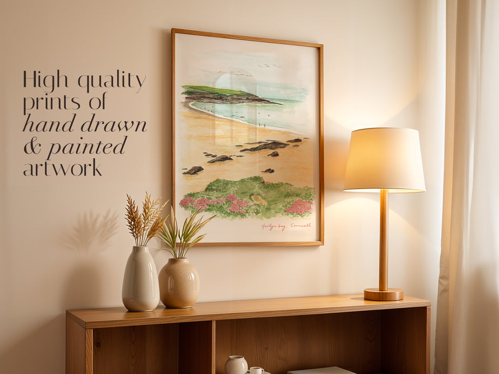 Cornwall Art Print, Harlyn Bay, Padstow, England, Travel Watercolour Painting