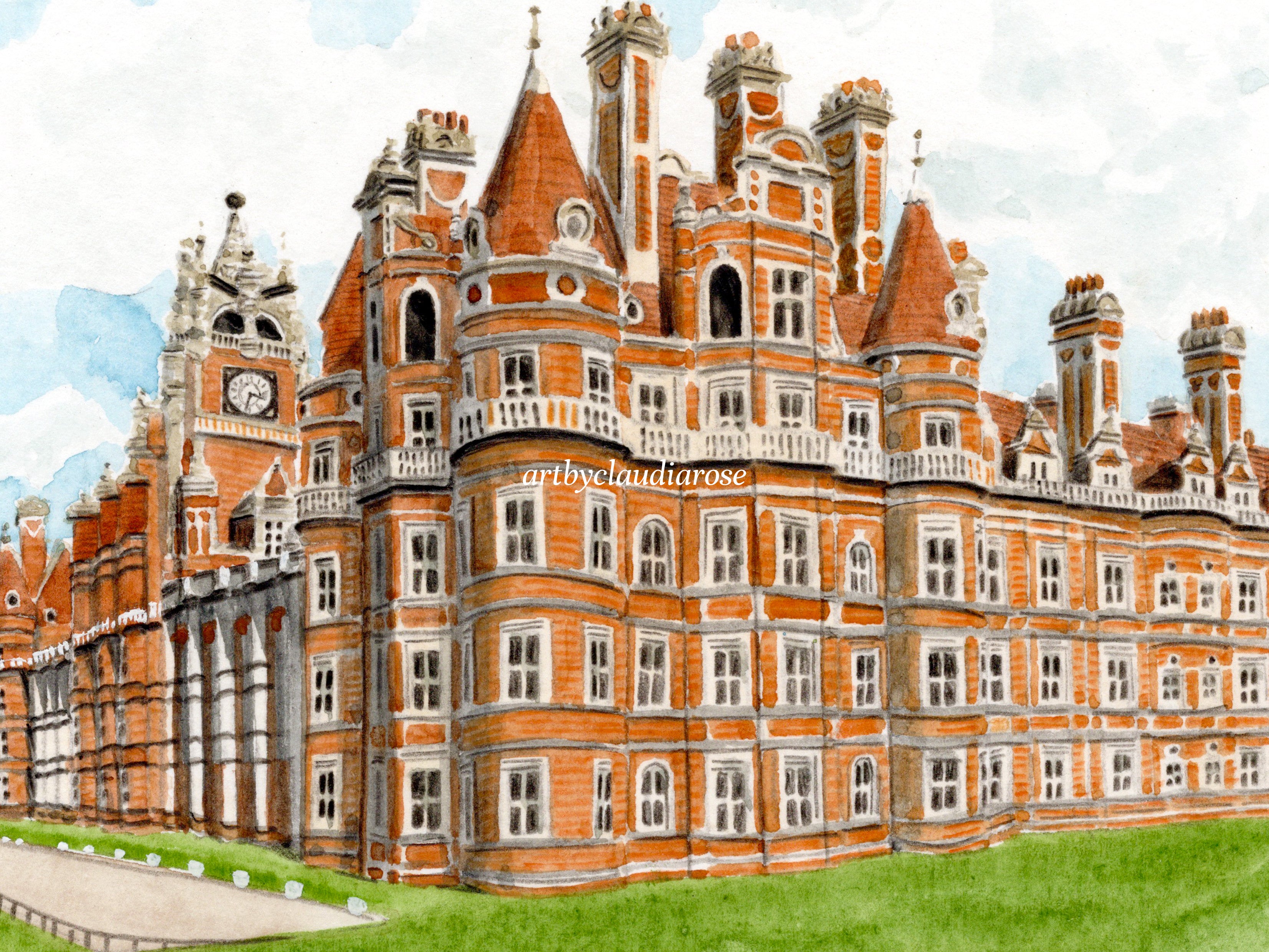 Royal Holloway Art Print, Founder's Building, University of London, Surrey, England, Travel Watercolour Painting