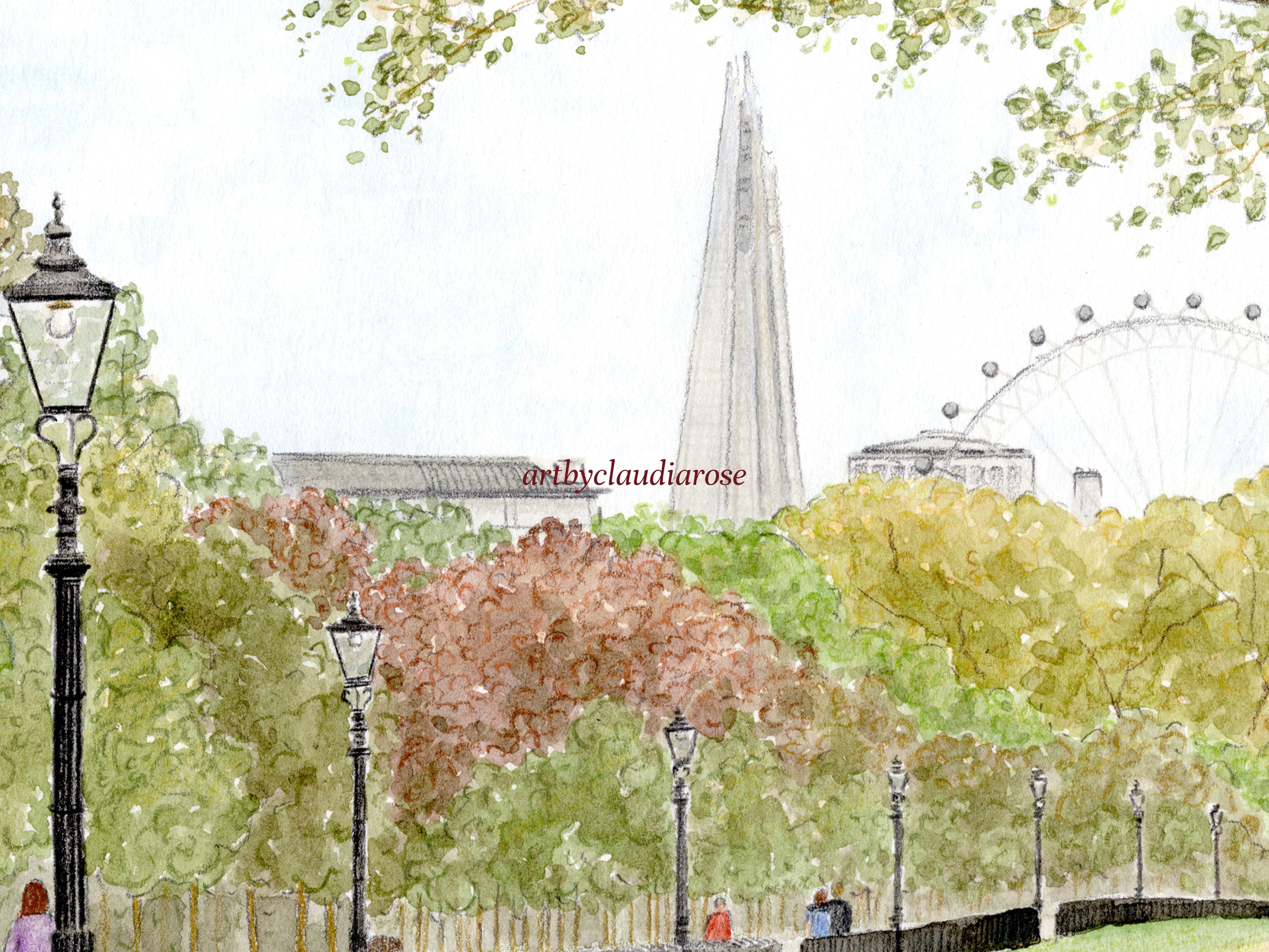 Hyde Park Art Print, London, Westminster, England, Travel Watercolour Painting