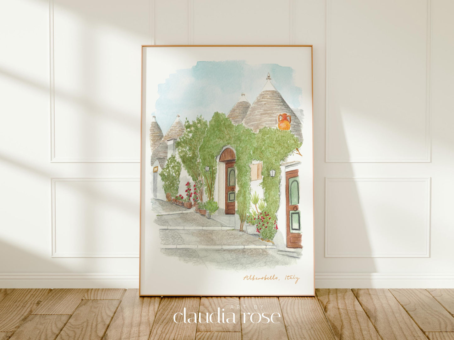 Alberobello Art Print, Puglia, Hilltop Rione Monti, Italy, Travel Watercolour Painting