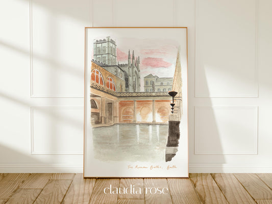 Bath Art Print, The Roman Baths, England, Travel Watercolour Painting