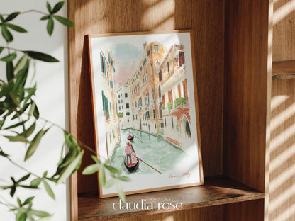 Venice Art Print, Rialto Bridge, Gondola Ride, Italy, Travel Watercolour Painting