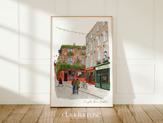 Dublin Travel Art Print, Temple Bar, Ireland, Travel Watercolour Painting