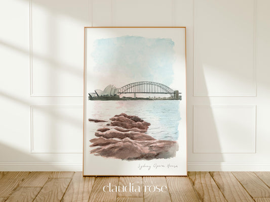 Sydney Opera House Art Print, Australia, Harbour Beach, Travel Watercolour Painting