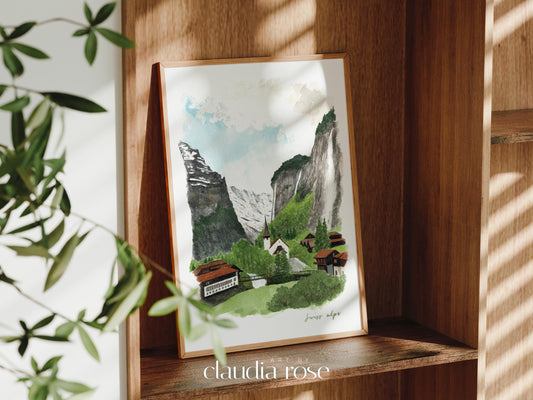 Swiss Alps Art Print, Lauterbrunnen, Switzerland, Travel Watercolour Painting