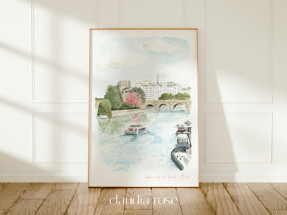 River Seine Art Print, Paris, Pont Neuf, France, Travel Watercolour Painting