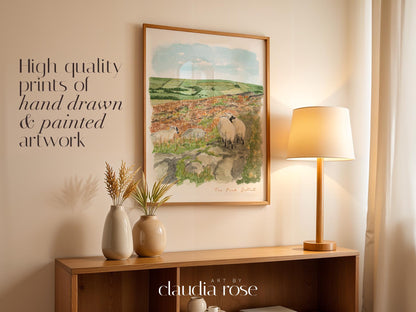 Peak District Art Print, Derbyshire, Staffordshire, England, Travel Watercolour Painting