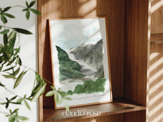 New Zealand Art Print, Franz Josef Glacier, Waiau, Travel Watercolour Painting