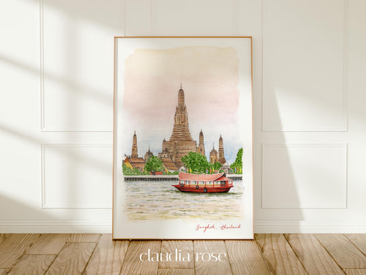 Bangkok Art Print, Thailand, Wat Arun Temple, Travel Watercolour Painting