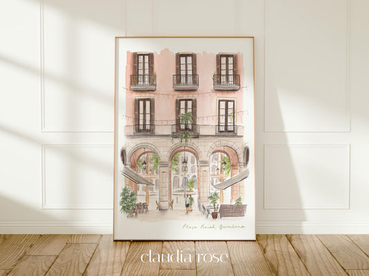 Barcelona, Plaça Reial Square, La Rambla, Spain Travel Art Print, Watercolour Painting